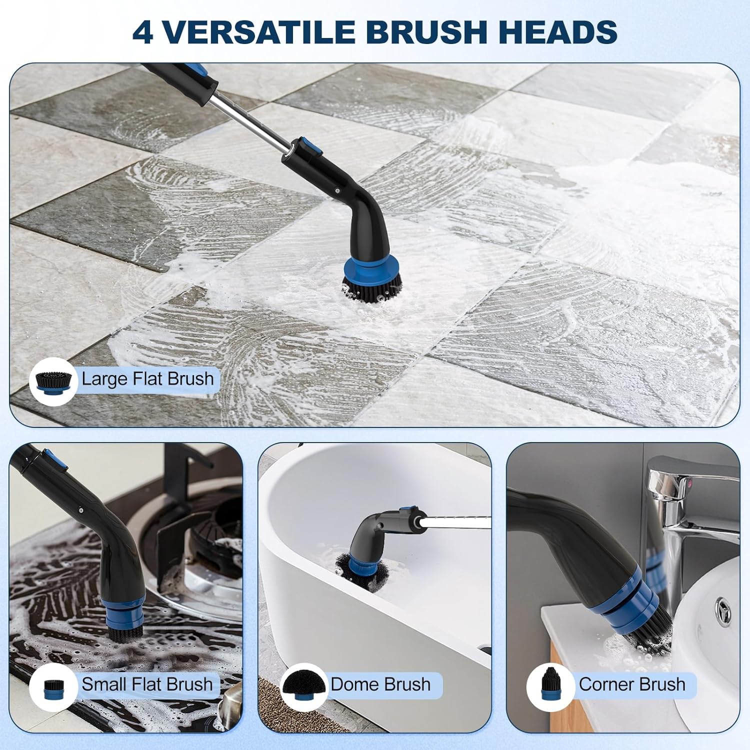 Electric Cordless Spin Cleaning Brush Scrubber 4 Replaceable Brush Heads Shower Bathroom Kitchen Tub Tile Floor-Brush Scrubbers-LifeGetsEasy